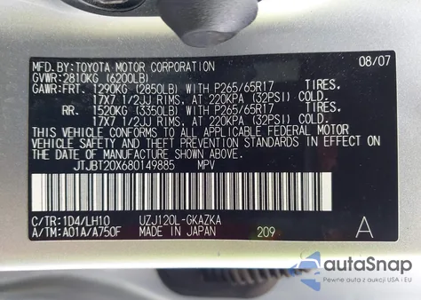 2008 Lexus Gx 470 из США, поврежденный, VIN JTJBT20X680149885